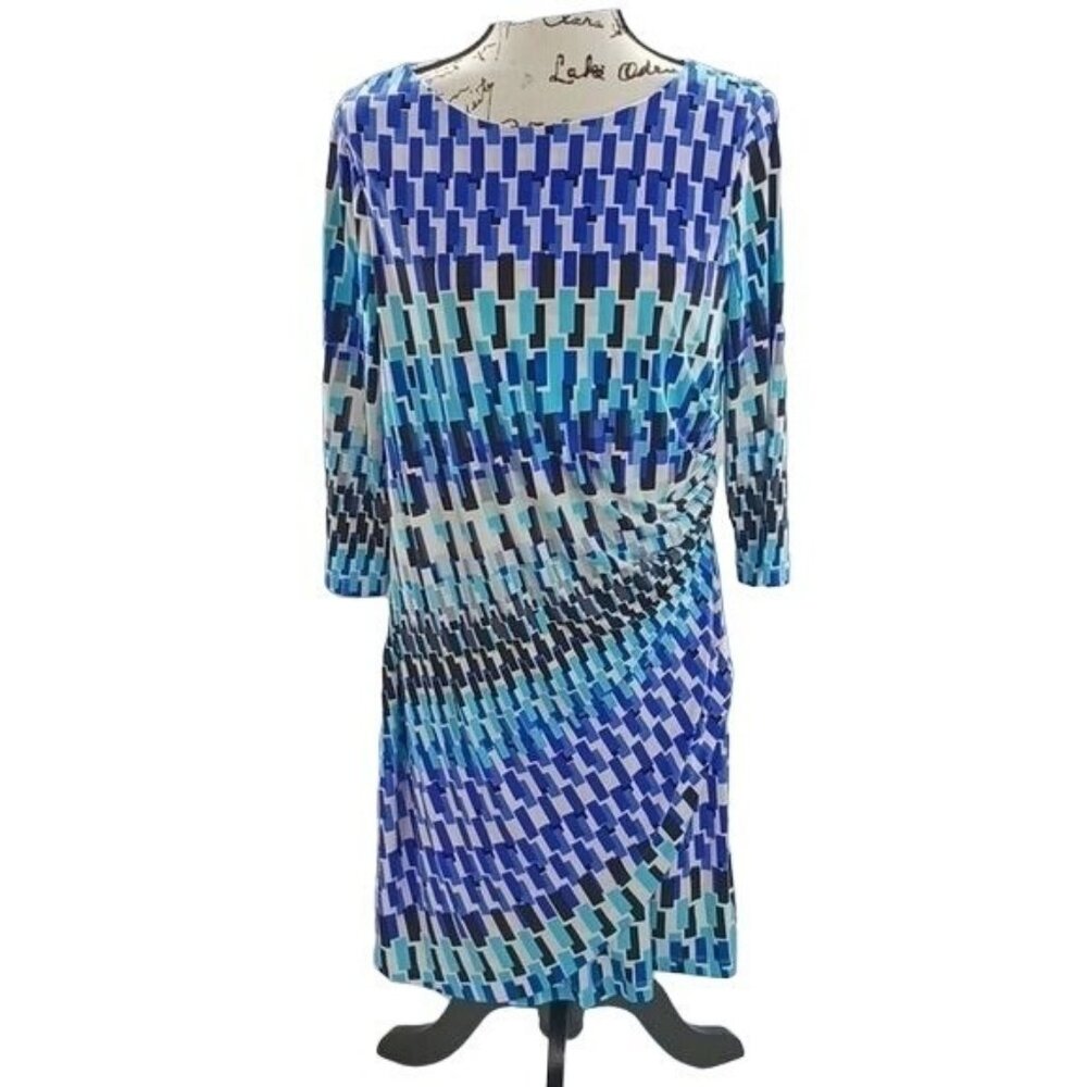 Chicos Womens M Blue Geometric Print Ruched Sheath Dress 3/4 Sleeve Stretch